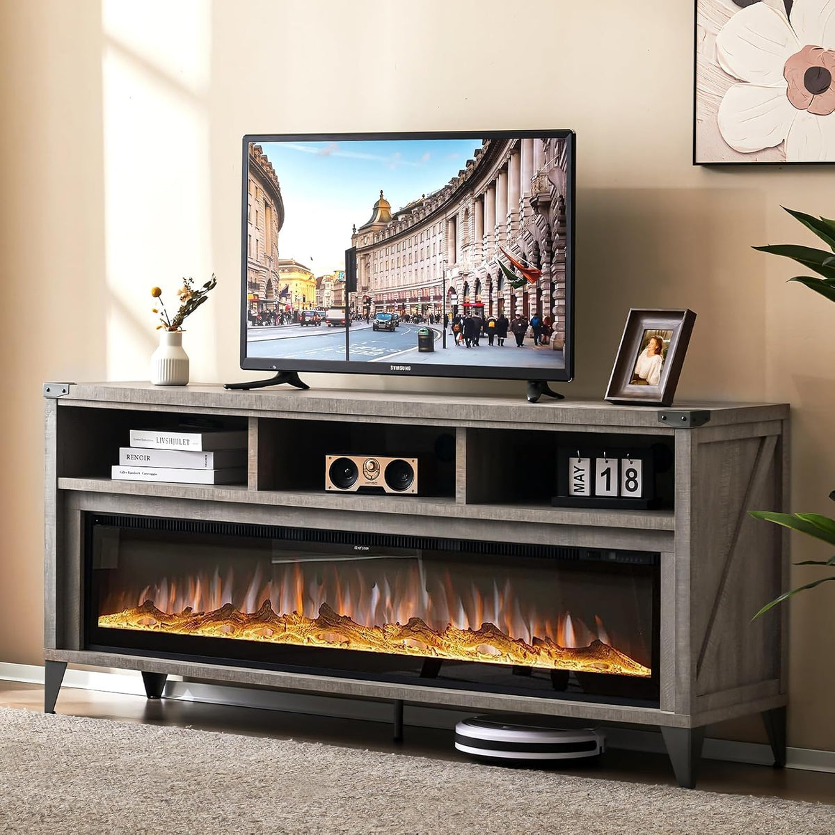 AMERLIFE 65" Fireplace TV Stand with 60" Glass Electric Fireplace, Industrial & Farmhouse Media Entertainment Center with Open Shelve Storage for TVs Up to 75", TV Console for Living Room, Light Gray