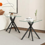 Modern Square End Table with Glass Top, Glass End Side Table for Living Room Office, 17.72 x 17.72 x 20.87 inches, Black Metal X-Base, Adjustable Feet (2, Black)