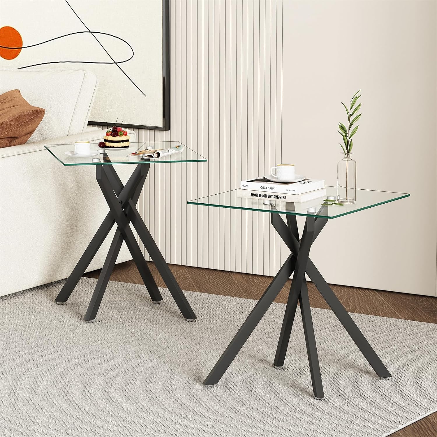 Modern Square End Table with Glass Top, Glass End Side Table for Living Room Office, 17.72 x 17.72 x 20.87 inches, Black Metal X-Base, Adjustable Feet (2, Black)