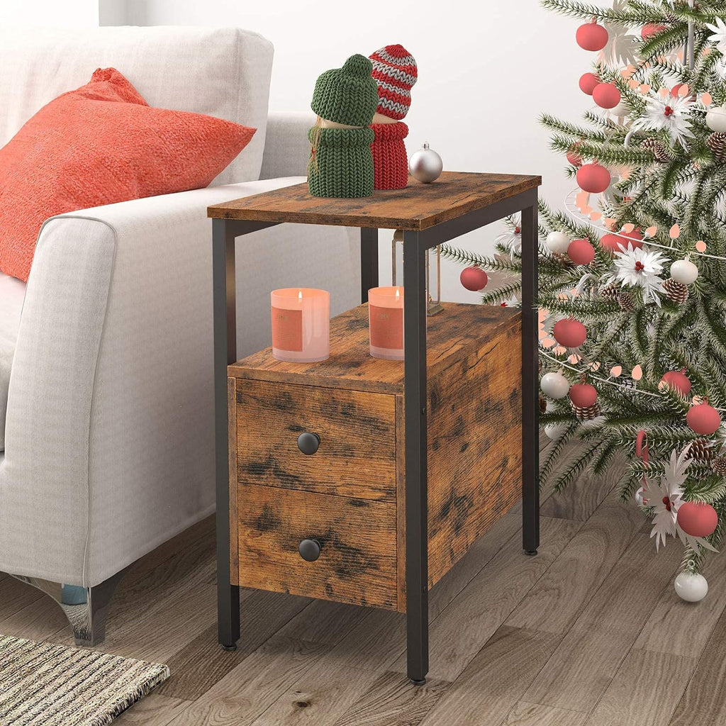 HOOBRO End Table, Narrow Chairside Table with Drawer and Open Storage Shelf, Nightstand for Small Spaces, Stable and Sturdy Construction, Wood Look Accent Furniture, Rustic Brown and Black BF548BZ01G3