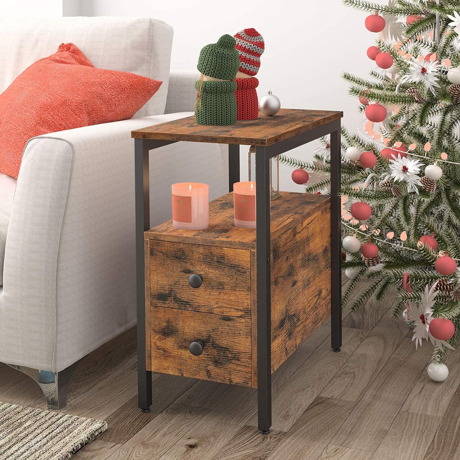 HOOBRO End Table, Narrow Chairside Table with Drawer and Open Storage Shelf, Nightstand for Small Spaces, Stable and Sturdy Construction, Wood Look Accent Furniture, Rustic Brown and Black BF548BZ01G3
