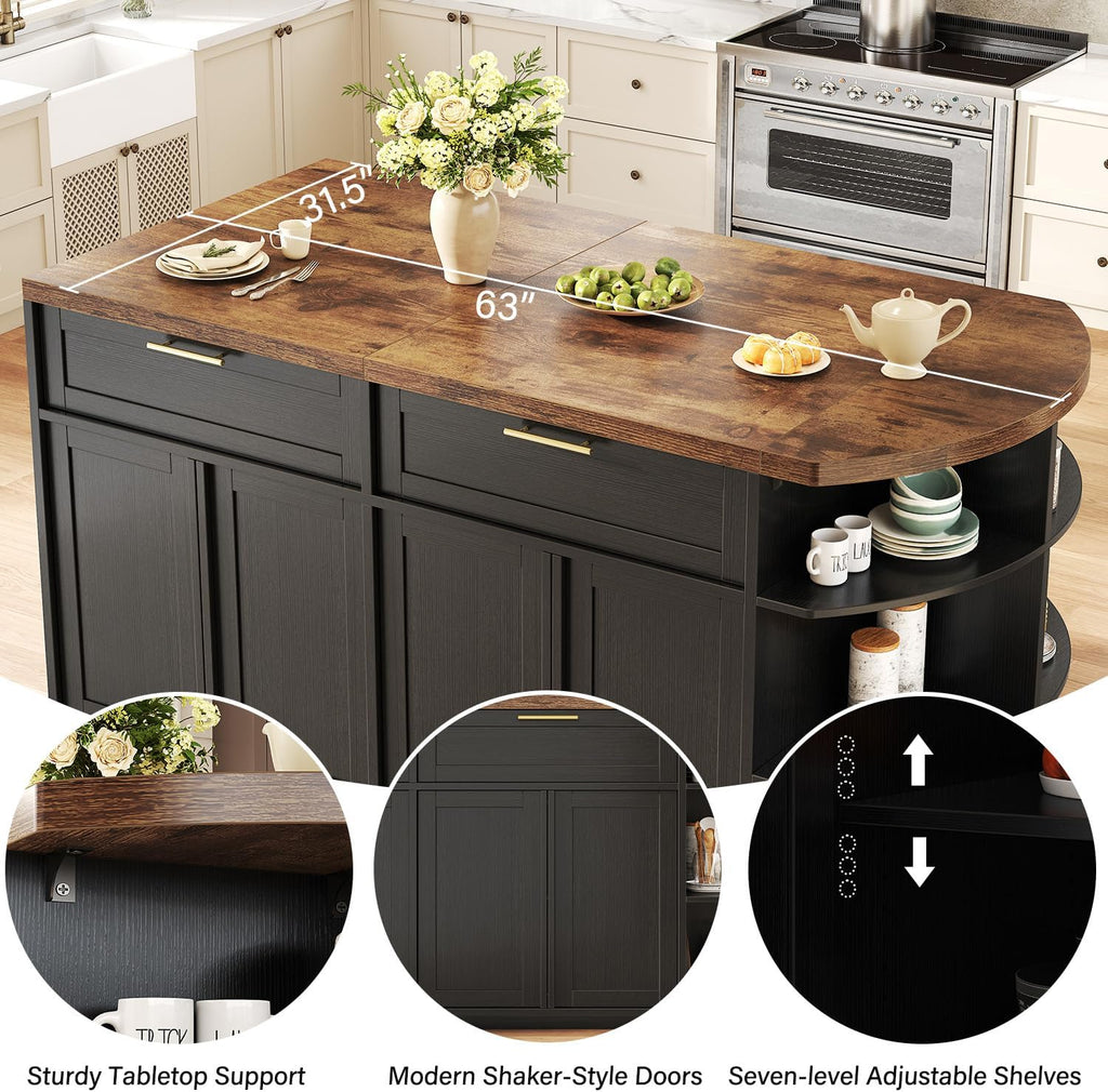 HSH 63 Inch Large Kitchen Island with Storage and Seating, Rustic Brown | Stationary Island Table with Storage Drawers, Cabinets, Oval Open Shelves, Wood Counter Prep Island for Kitchen Dining Room