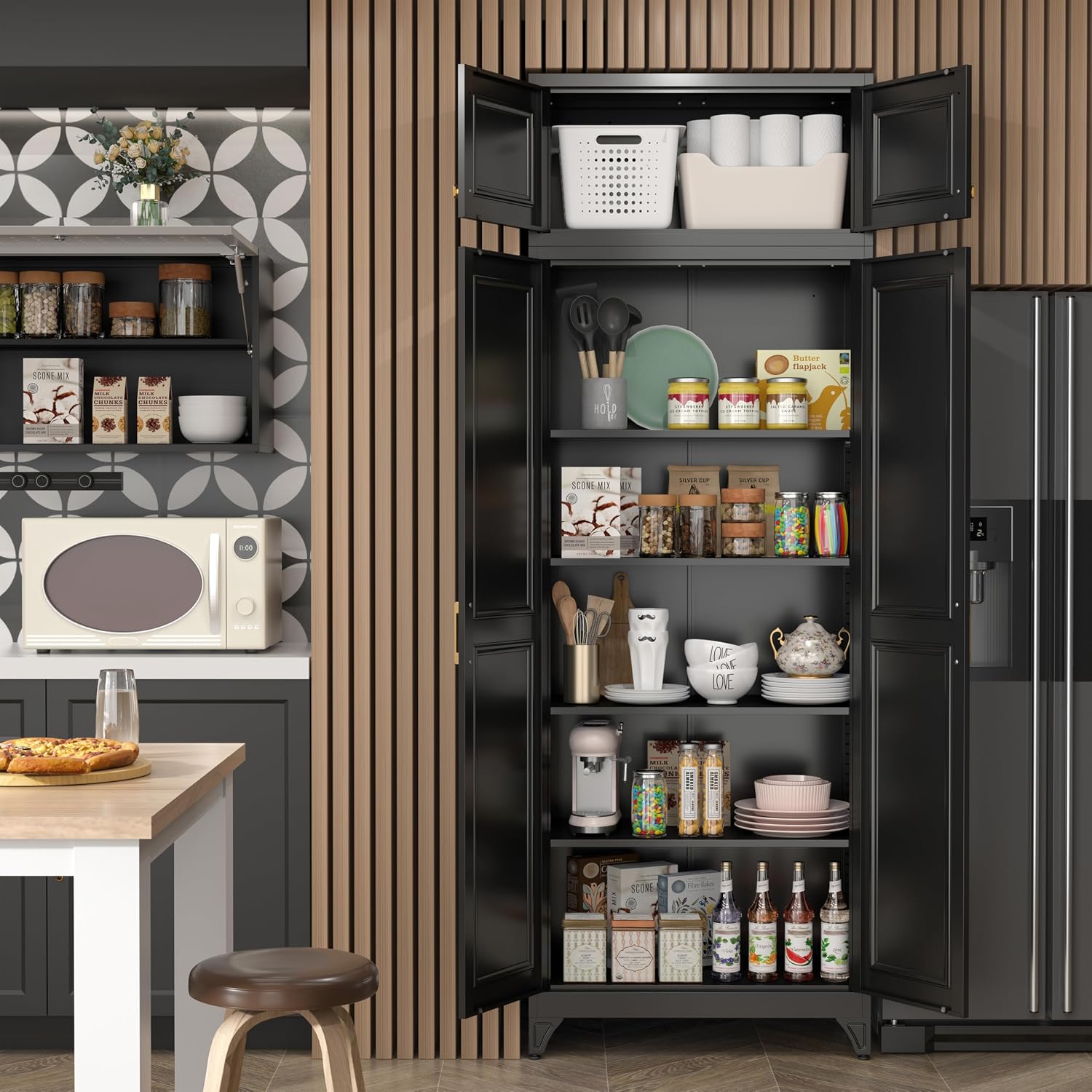 SteeLoong 90”Metal Pantry Storage Cabinet with Doors & 4 Adjustable Shelves | Kitchen Pantry Cabinet,Black Kitchen Cabinet with 4 Gold Handles,Tall Cabinet for Livingroom,Pantry, Bathroom,Kitchen,Garage