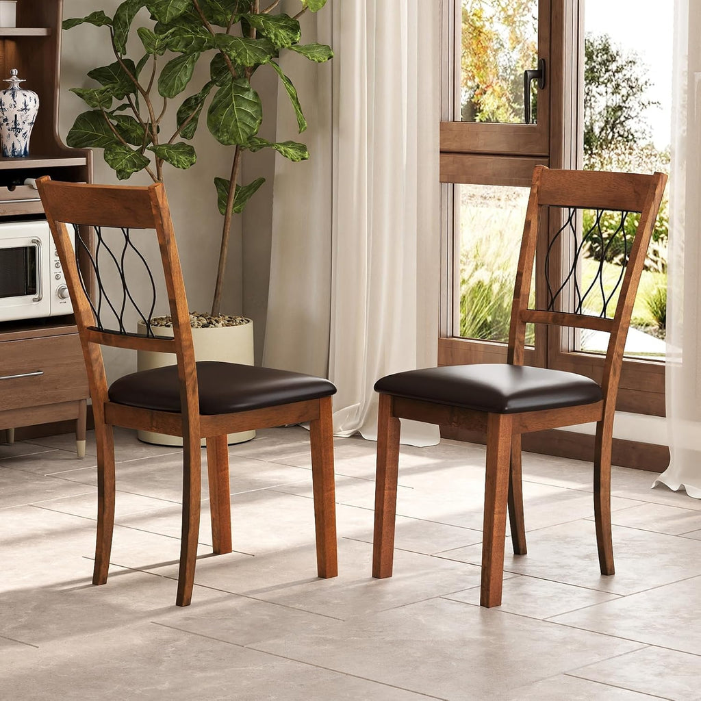 Giantex Dining Chairs Set of 4, Faux Leather Upholstered Armless Kitchen Chairs w/Hollowed Backrest, Padded Seat, Rubber Wood Frame, Farmhouse Side Chair for Living Room Restaurant, Walnut