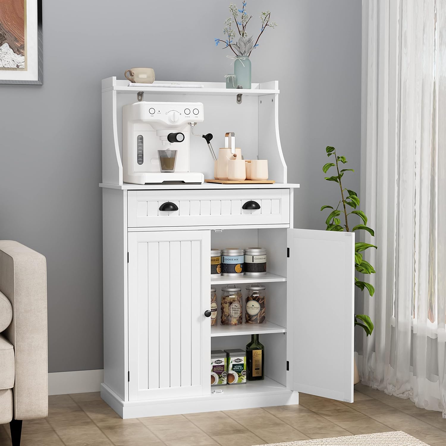 HOLTICO 54" Freestanding Kitchen Pantry Storage Cabinet with Doors and Adjustable Shelves, Microwave Oven Stand with Drawer for Kitchen, Bathroom or Hallway, White