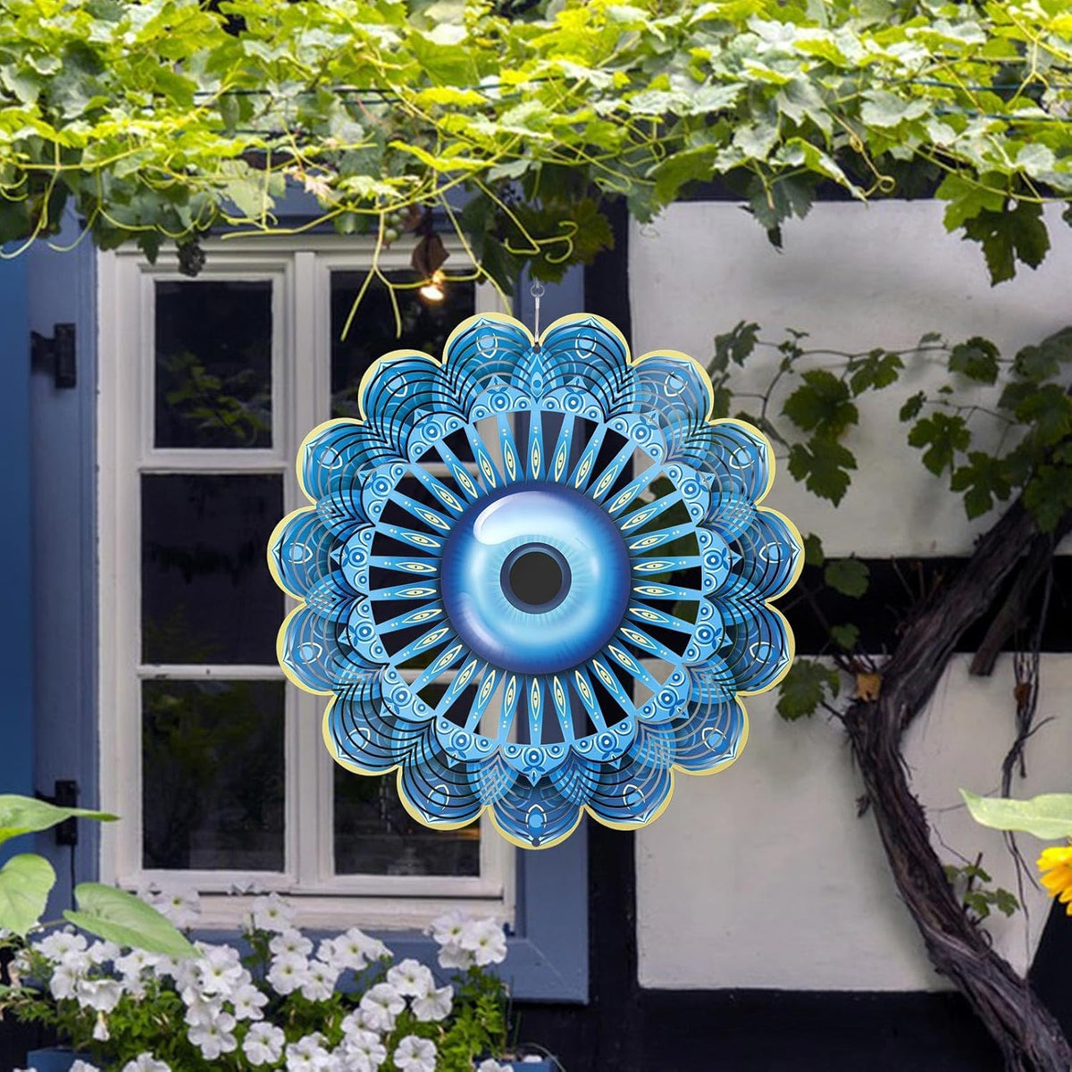Blue Evil Eye Hanging Wind Spinners Outdoor Metal Evil Eye Decor Mandala 3D Stainless Steel Wind Spinner Protective Amulet for Home Outdoor Garden Yard Decoration (Mandala)