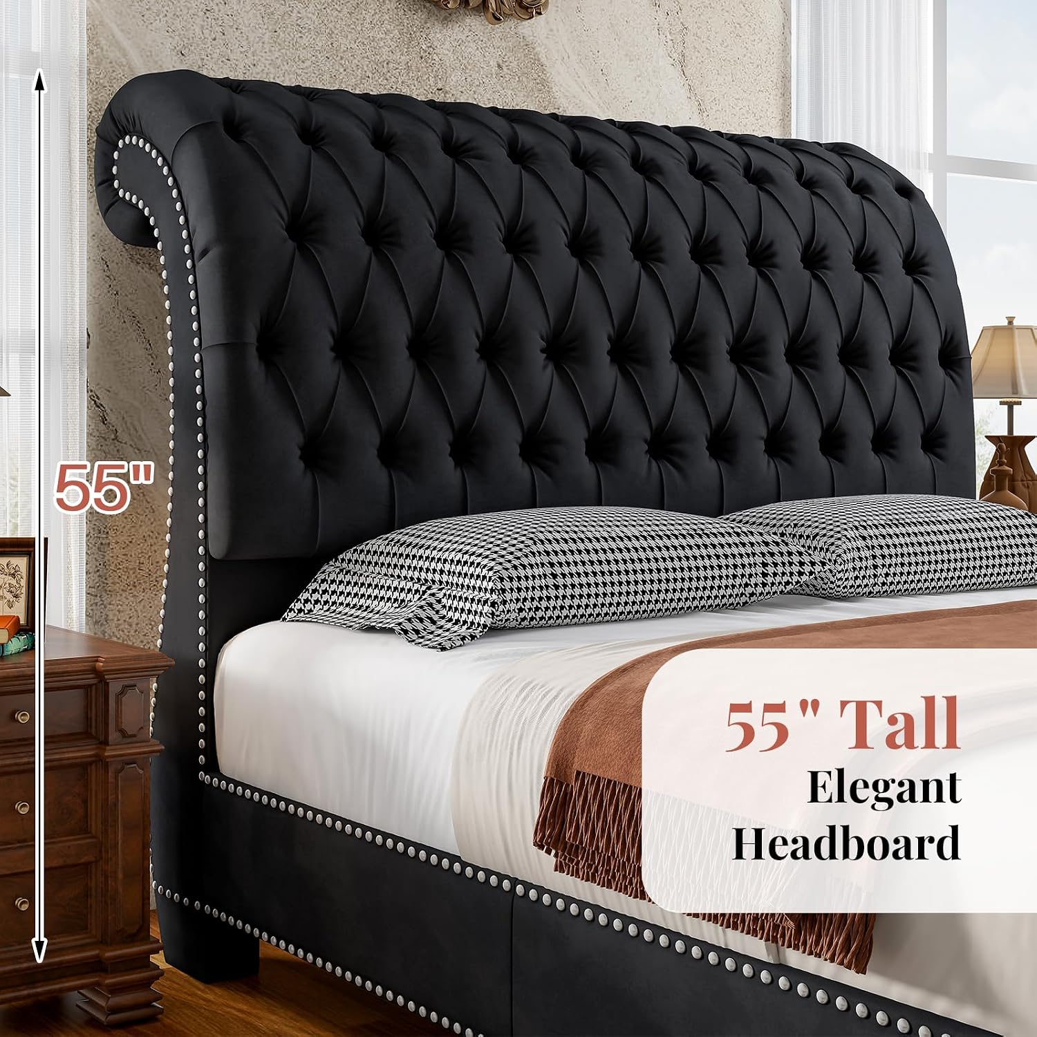 Jocisland Queen Size Bed Frame with Sleigh Headboard & Footboard, Black