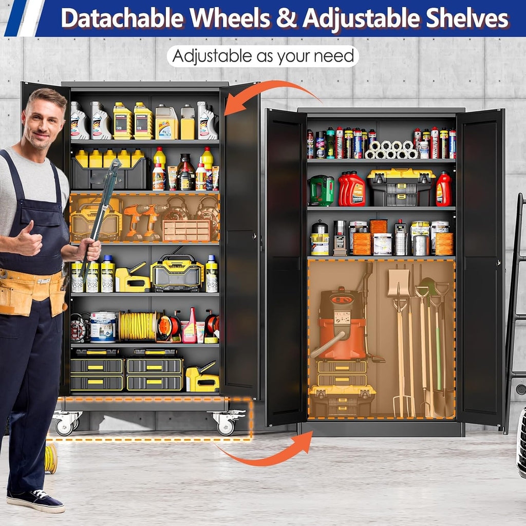 GAIOUS 73.6” Tall Metal Garage Storage Cabinet with Lock, Steel Tool Cabinet with 5 Adjustable Shelves, New Upgrade Lockable File Cabinet with Wheels, Organization for Home Office Garage Gym - Black