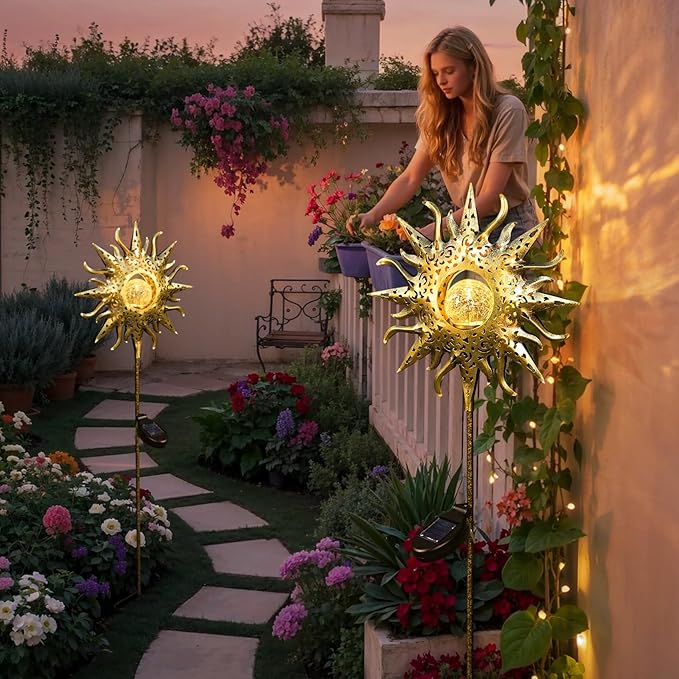 TAKE ME Sun Solar Lights Outdoor Waterproof Metal Garden Stakes for Patio Yard Walkway LawnPatio Mothers Day Gifts Mom Wife Grandma (Sun)