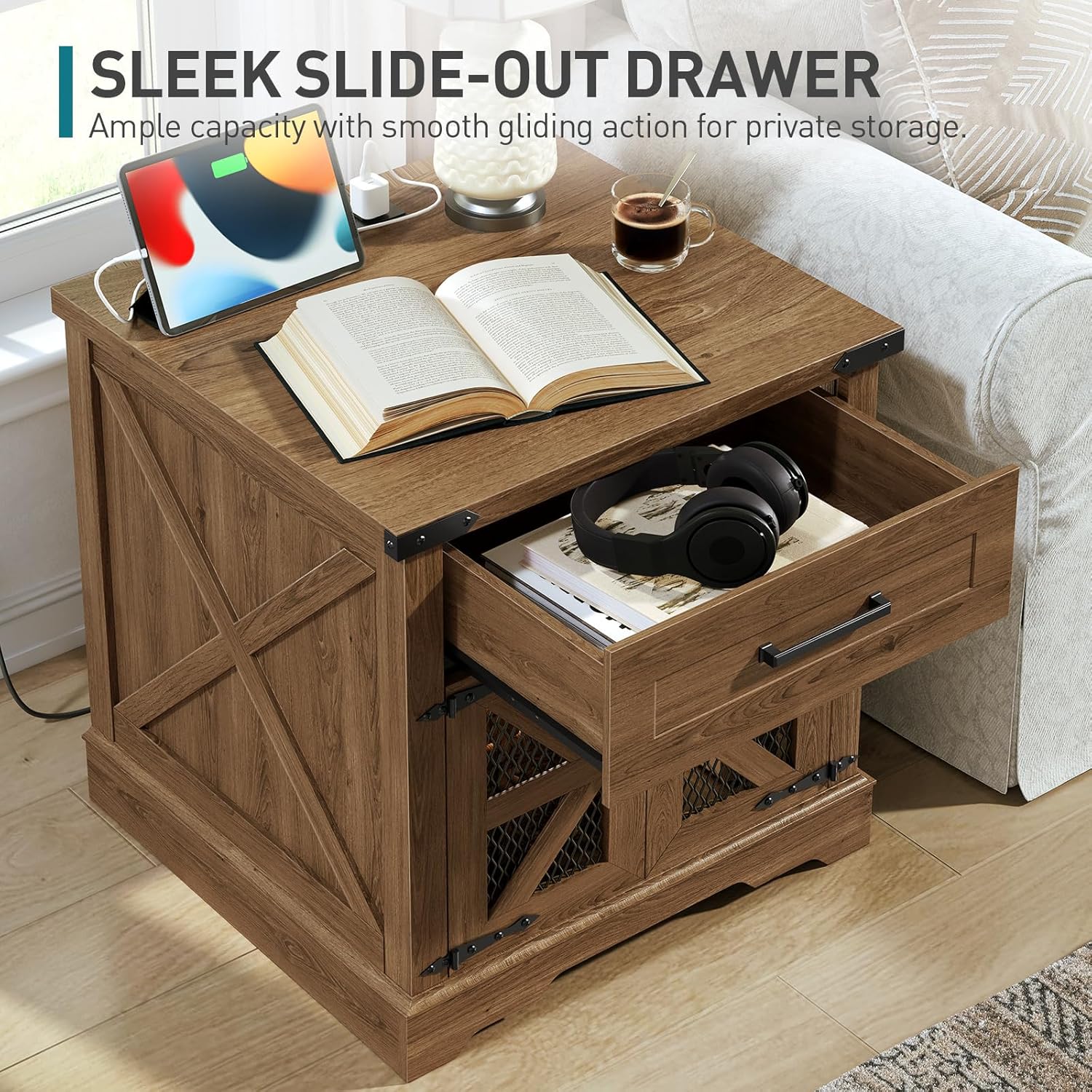 RALGEND Walnut Farmhouse End Table with Charging Station, 24" Large Sofa Side Table with Drawer, Large End Table for Living Room, Wooden Nightstand with Outlet, Square, Walnut