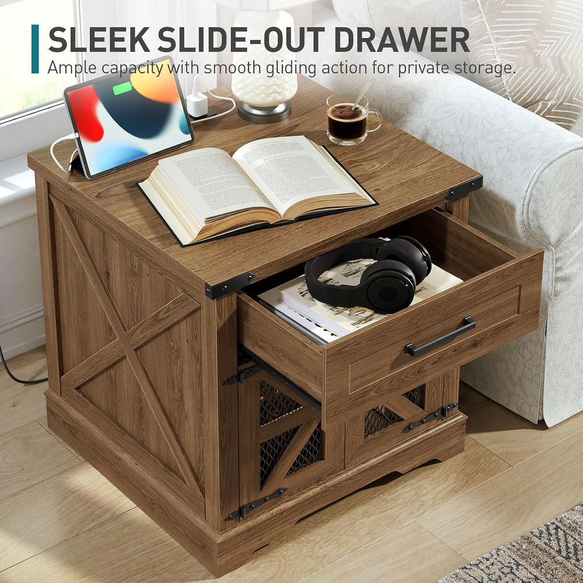 Farmhouse End Table Set of 2, 24" Large Sofa Side Table with Drawer, Large End Table for Living Room, Wooden Nightstand with Charging Station, Square, Walnut