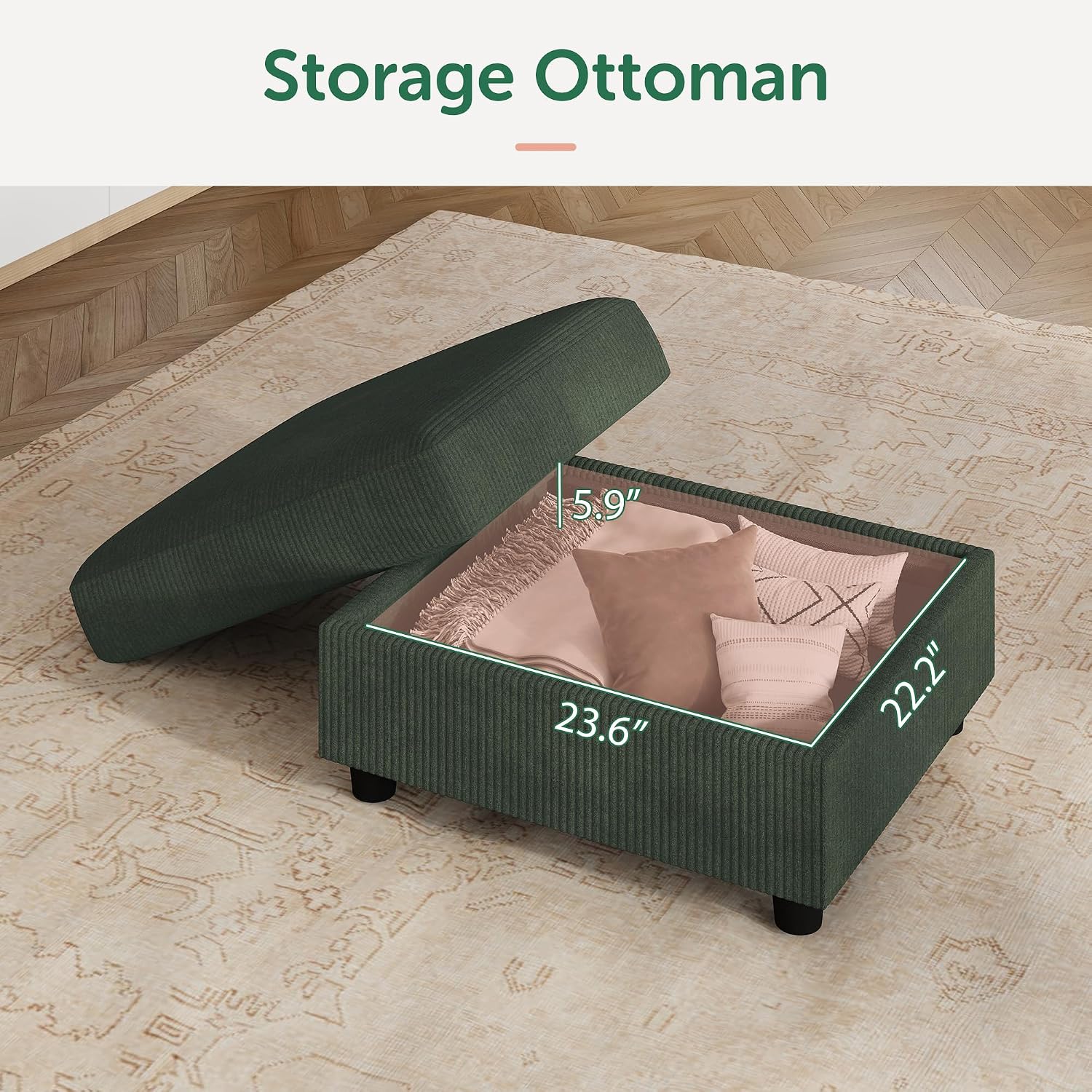 HONBAY Modern Corduroy Ottoman Module Sofa, Ottoman Bench with Storage, Green