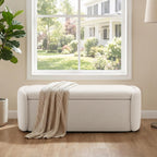 VKNOW 51" Storage Ottoman Bench, Upholstered End of Bed Bench with Smooth Hinges, Oval Large Ottoman Bench for Bedroom, Living Room and Hallway Entryway, Beige