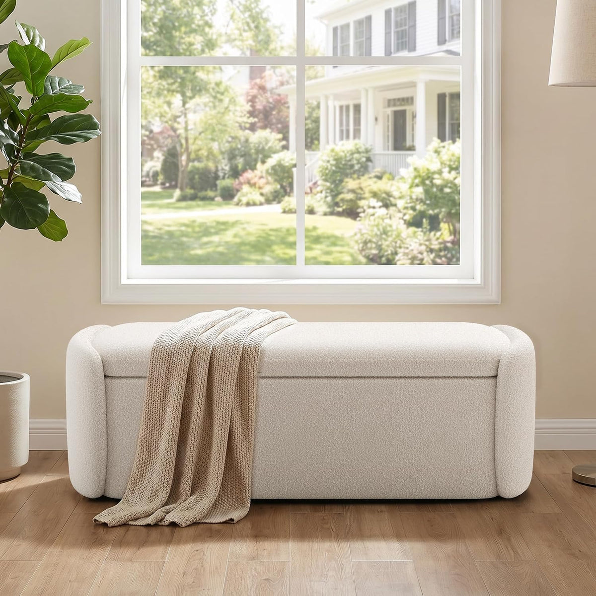 VKNOW 51" Storage Ottoman Bench, Upholstered End of Bed Bench with Smooth Hinges, Oval Large Ottoman Bench for Bedroom, Living Room and Hallway Entryway, Beige