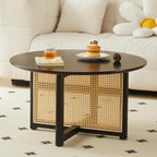 Small Round Coffee Table – 31.5" Solid Wood & Rattan Coffee Table, Modern Rustic Accent Table for Living Room, Boho Style