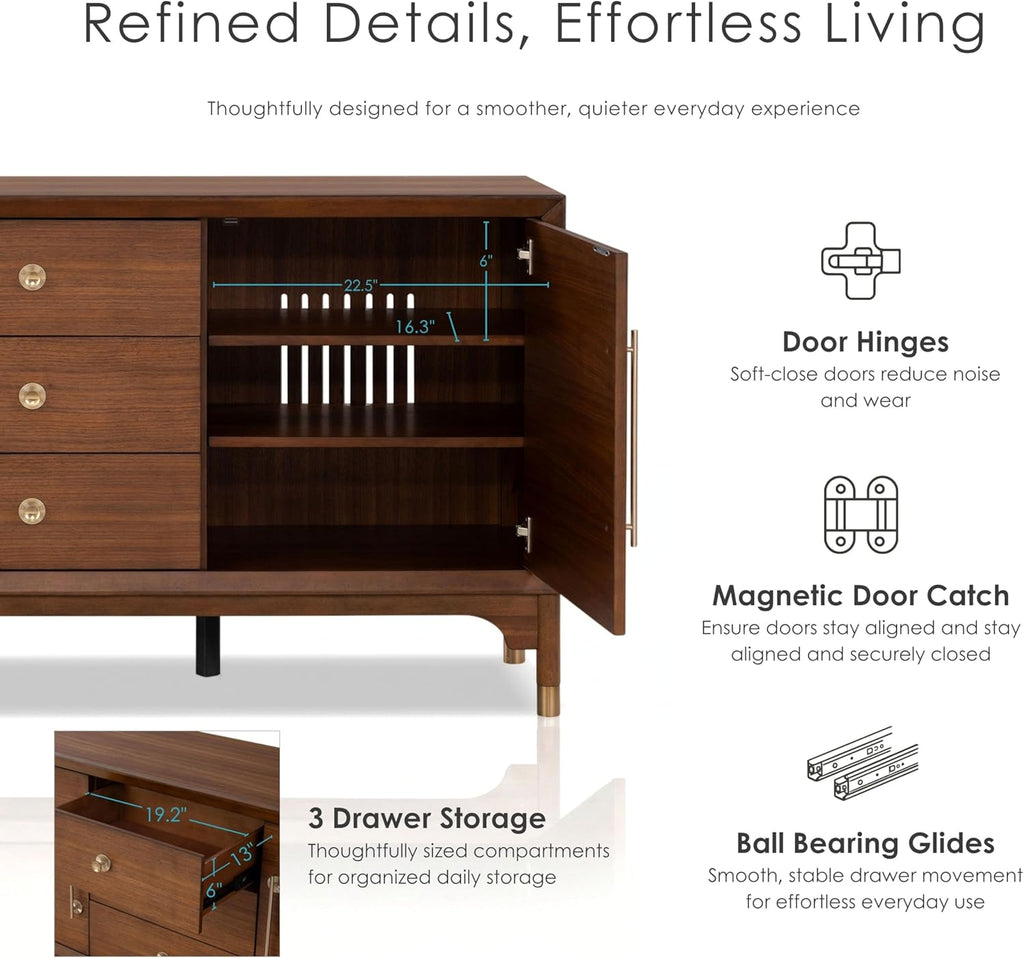 Furniture of America Forma Mid-Century Modern 69-inch Solid Wood Sideboard Buffet Cabinet with 2 Storage Compartments, 6 Shelves and 3 Drawers for Living Room, Dining Room, Office, Walnut
