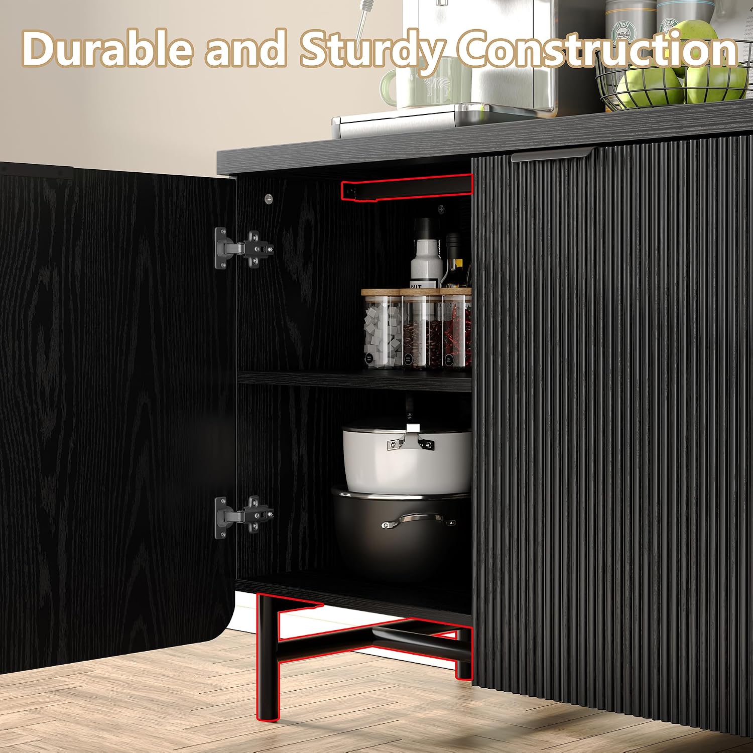 Furniouse 66.2''W Large Fluted Buffet Cabinet with 4 Doors & Shelves Wood Sideboard Buffet Table Storage Cabinet Modern Accent Console for Living Room, Black