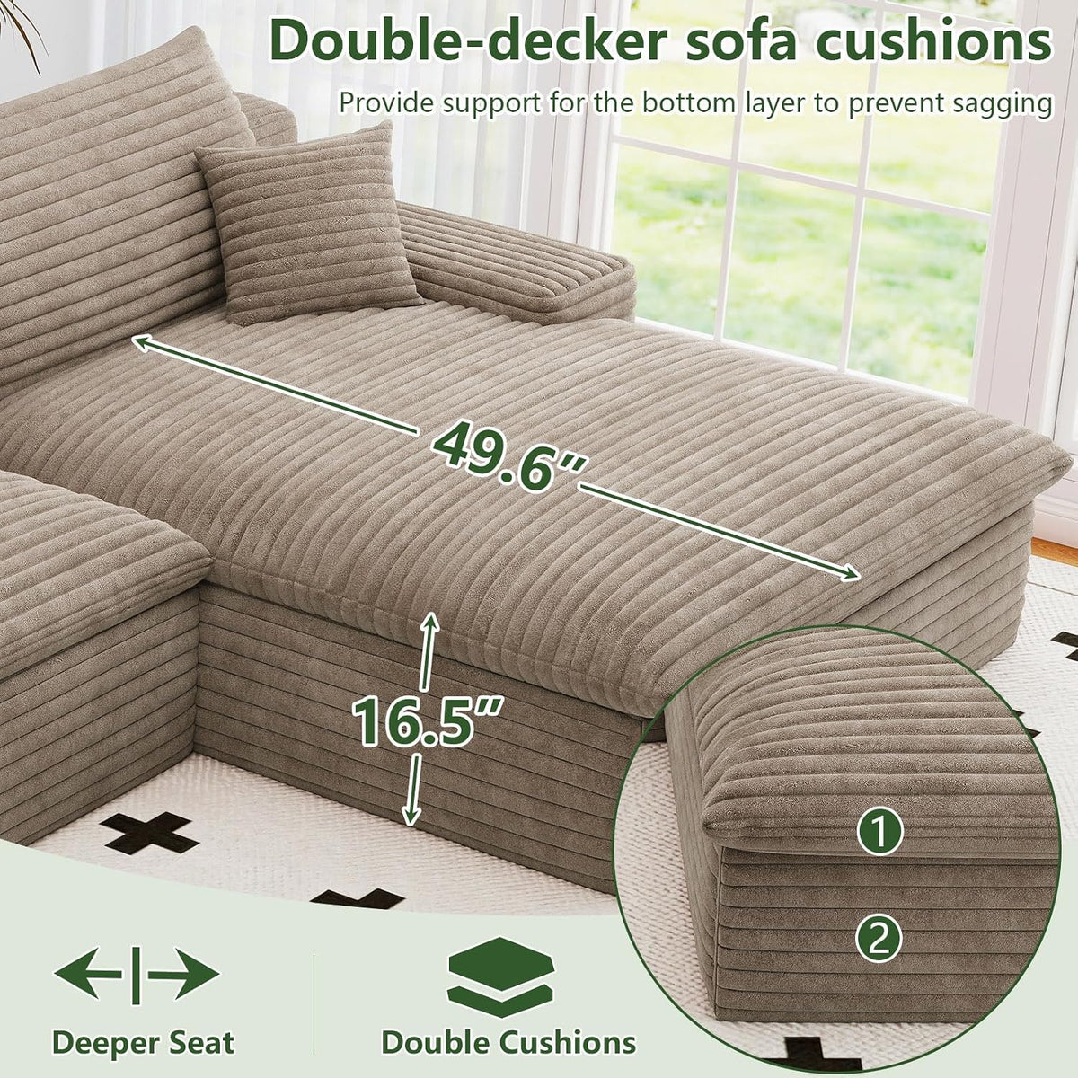 107" Cloud Couch Modular Sectional Sofa for Living Room, U-Shape Couch with Deep Seat, Modern Corduroy 3-Seater with Ottoman, No Assembly Required (Camel,Right-Facing Chaise)