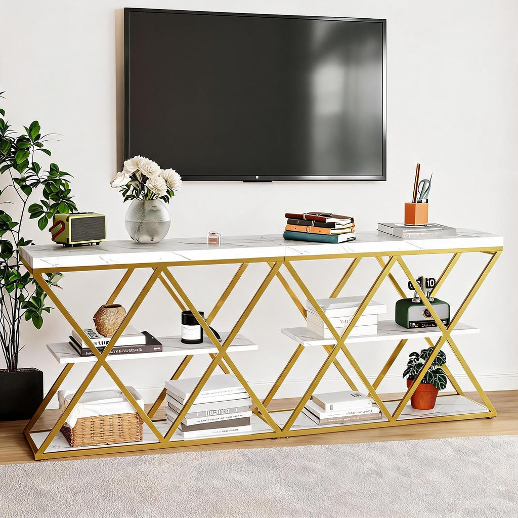 Garvee 3 Tier Console Table with Open Wood Shelves,39" Industrial Entryway Table,Sofa Table,Narrow Wood Accent Tables with Metal Frame for Hallway,Living Room,Behind Couch,Foyer,Entrance,White
