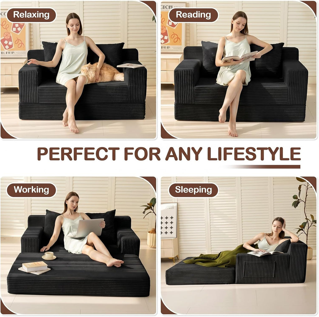 Loveseat Couch Folding Sofa Bed, Foldable Floor Futon Sleeper Couch Bed - Convertible Sofa Bed, Corduroy Pull Out Sofa Bed with 2 Pillows for Living Room & Bedroom