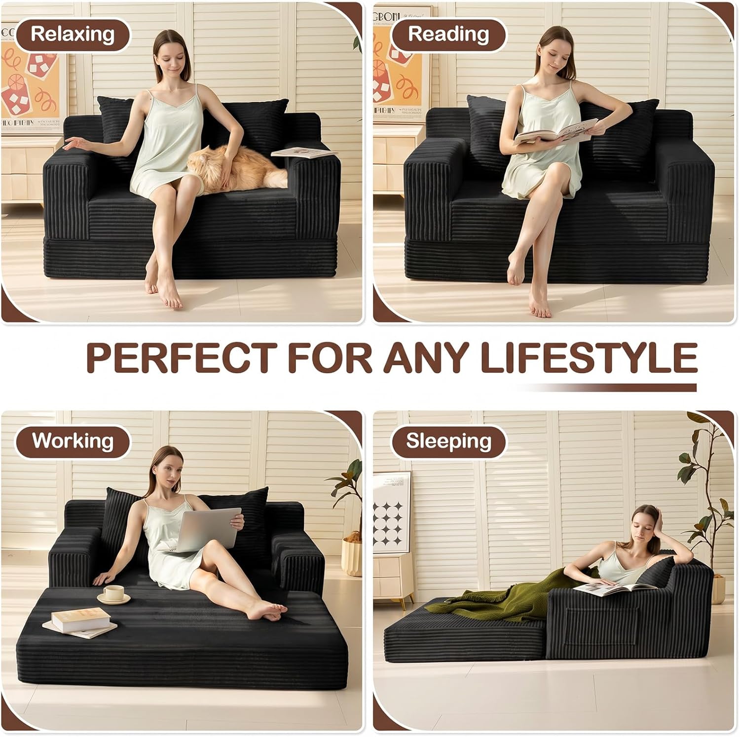 Loveseat Couch Folding Sofa Bed, Foldable Floor Futon Sleeper Couch Bed - Convertible Sofa Bed, Corduroy Pull Out Sofa Bed with 2 Pillows for Living Room & Bedroom