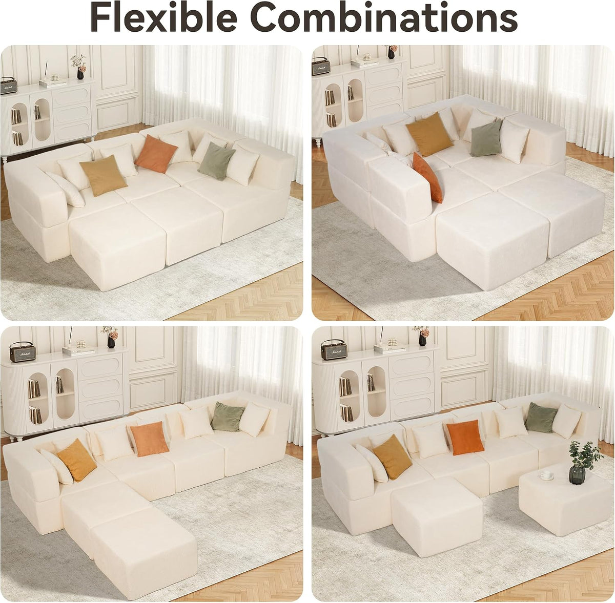 MONVANE 130'' Modular Sectional Cloud Couch for Living Room, 6 Seater Convertible Chenille Couches Set with Ottoman & Pillow, No Assembly Compression Sofas, Comfy Floor Sofa with Memory Foam, Beige