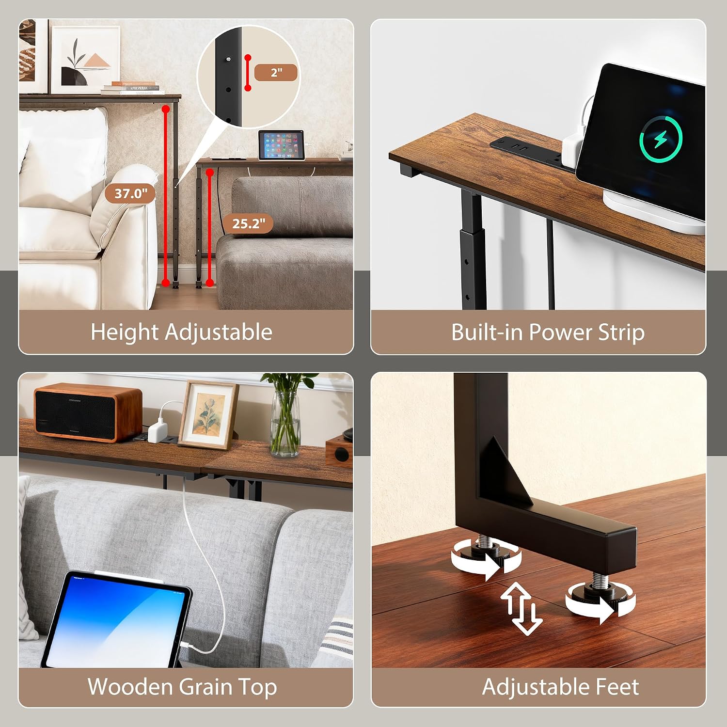Keelian 78 inch Behind Couch Table with Outlets Sofa Table Rustic Brown | Adjustable Height(25"-37"),Skinny Couch Shelf with Charging Station,Long Entryway Tables for Living Room