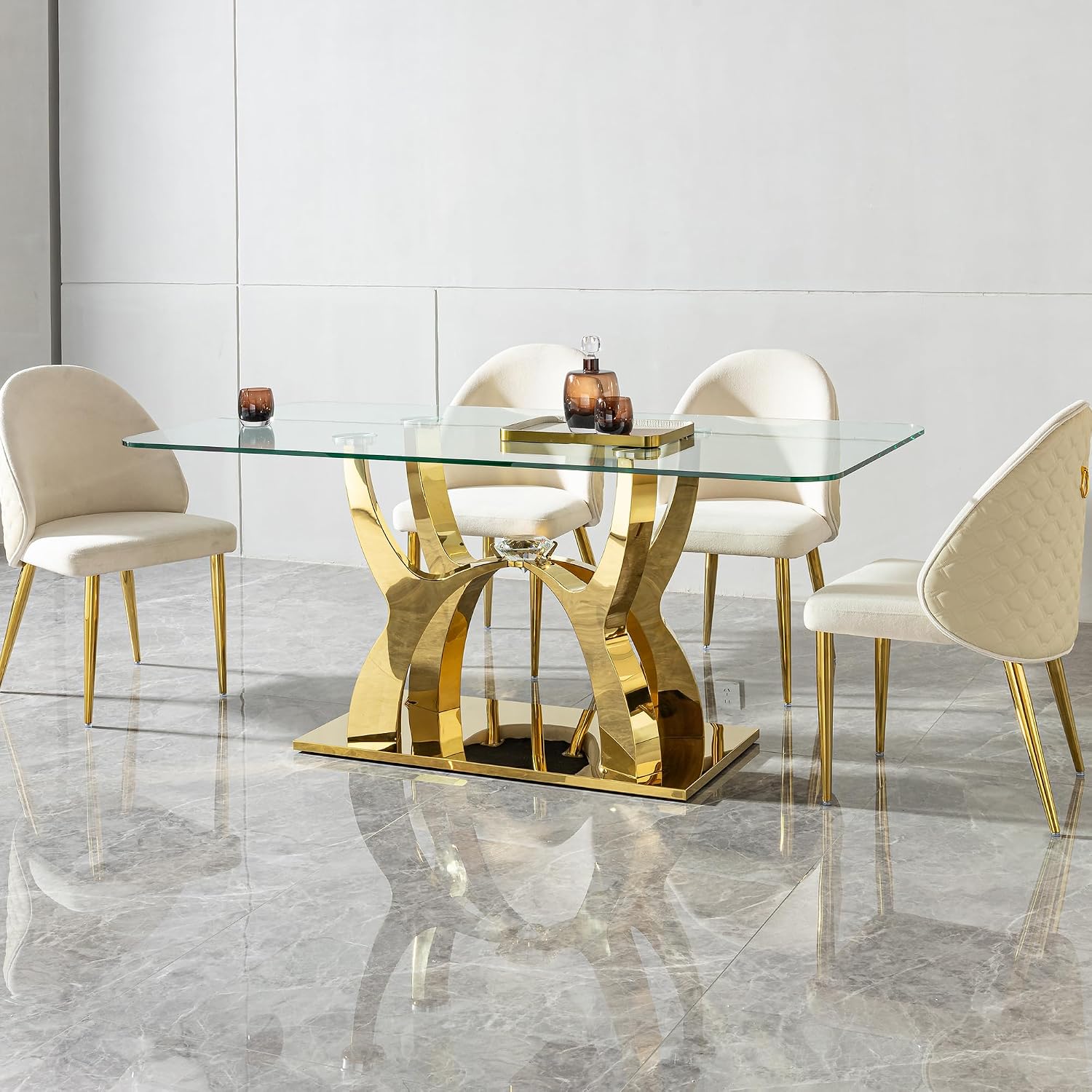 68.9" Rectangle Glass Dining Table for 6 People, Modern Luxury Kitchen Table with Tempered Glass Top, Gold Stainless Steel Curved Base with Crystal Decoration