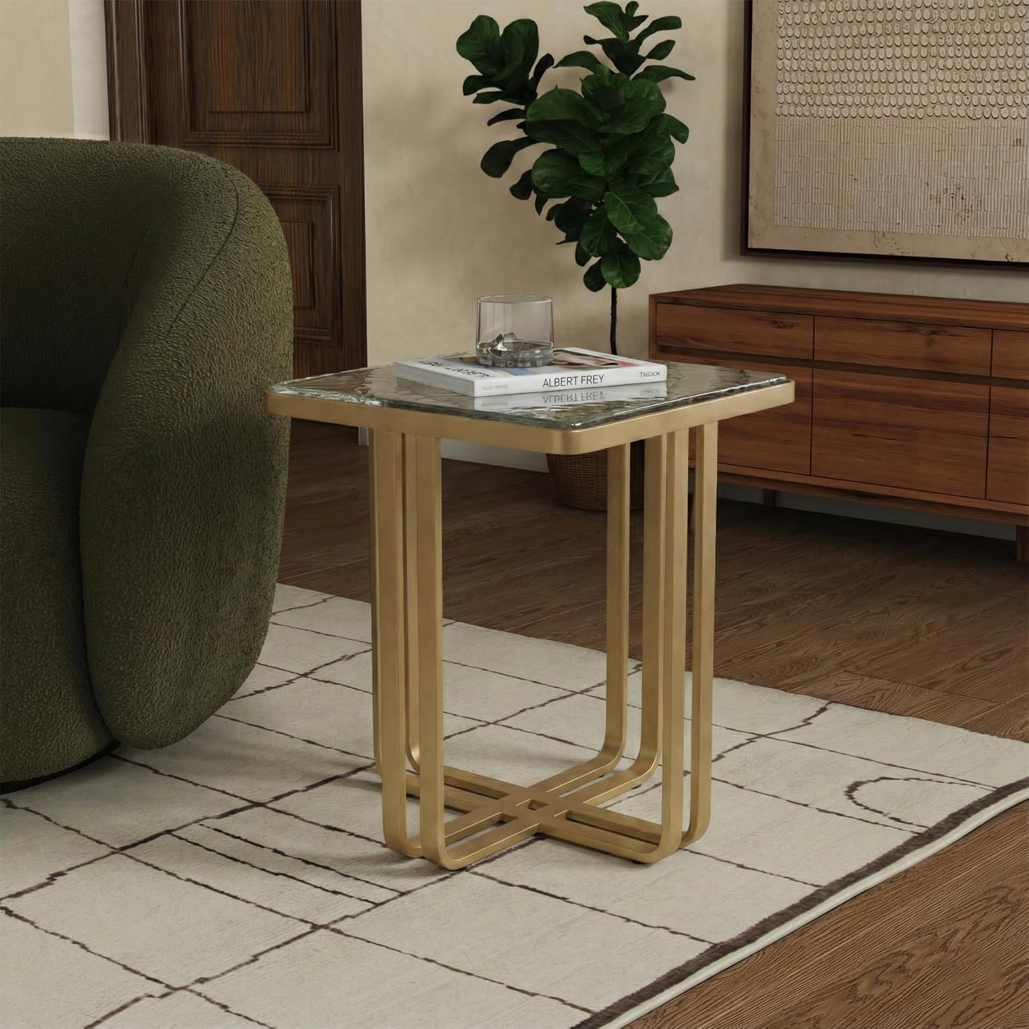 SAFAVIEH Couture Collection - Dominic Brass Stainless Steel Accent Table, Sculptural Modern Side Table, Cast Glass Top, Fully Assembled (SFV7919A)