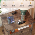 Vabches Nightstand with Charging Station and LED Lights, Vintage End Table with 2 Drawers, Wood Rustic Sofa Side Table with Open Storage Shelf for Bedroom, Living Room, Dark Brown