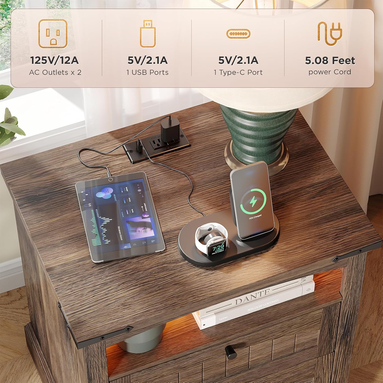 Vabches Nightstand with Charging Station and LED Lights, Vintage End Table with 2 Drawers, Wood Rustic Sofa Side Table with Open Storage Shelf for Bedroom, Living Room, Dark Brown