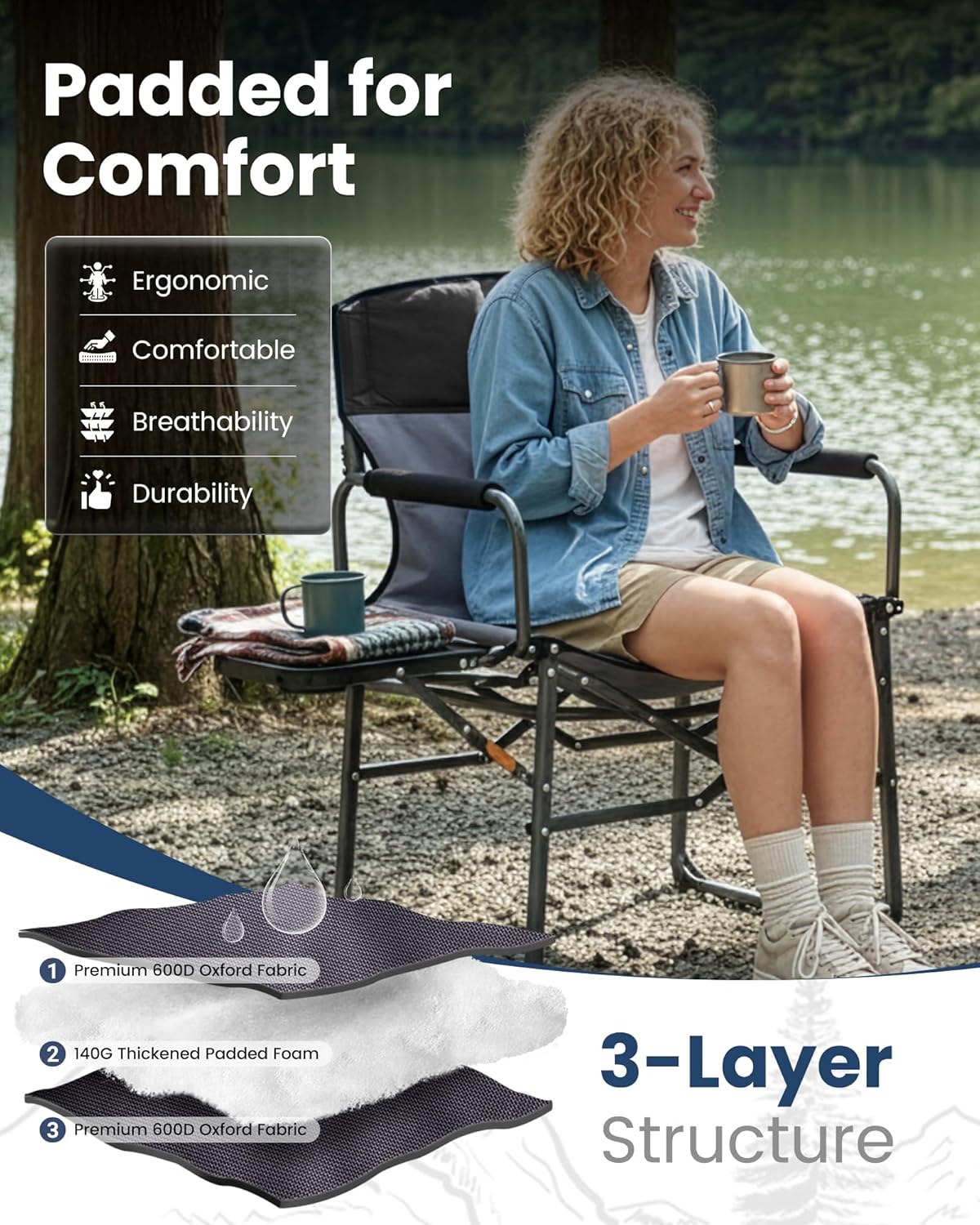 KingCamp Oversized Camping Directors Chair for Big & Tall Heavy Duty 440lbs | Folding Chair with Side Table, Padded Camp Chair Wide Seat，Anti-Sag Fabric, 50% flat fold for Outdoor Sport Lawn Fishing RV