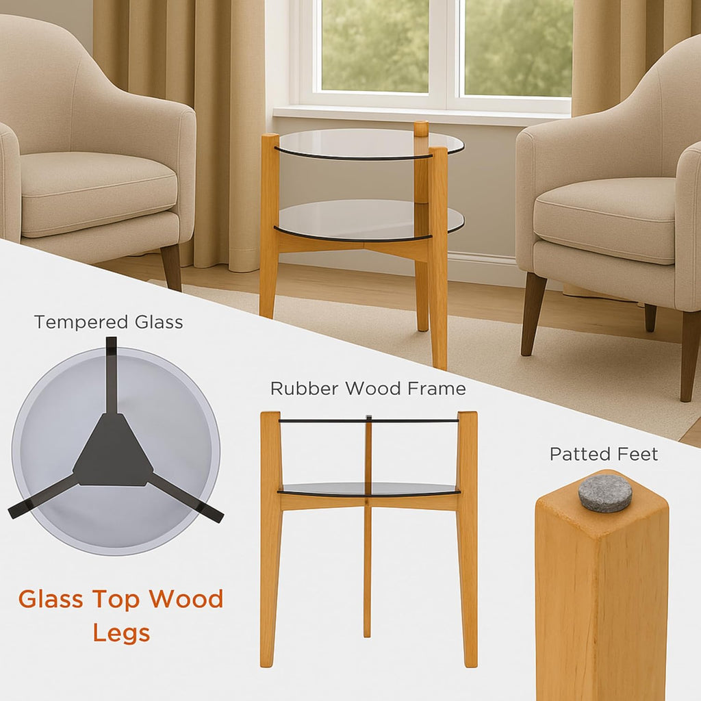 Round End Table, 2-Tier Tempered Glass Table Top Wooden Legs, Modern Side Tables Living Room 24” with Storage Shelf - Entryway Table, Bedroom Side Table, Nature