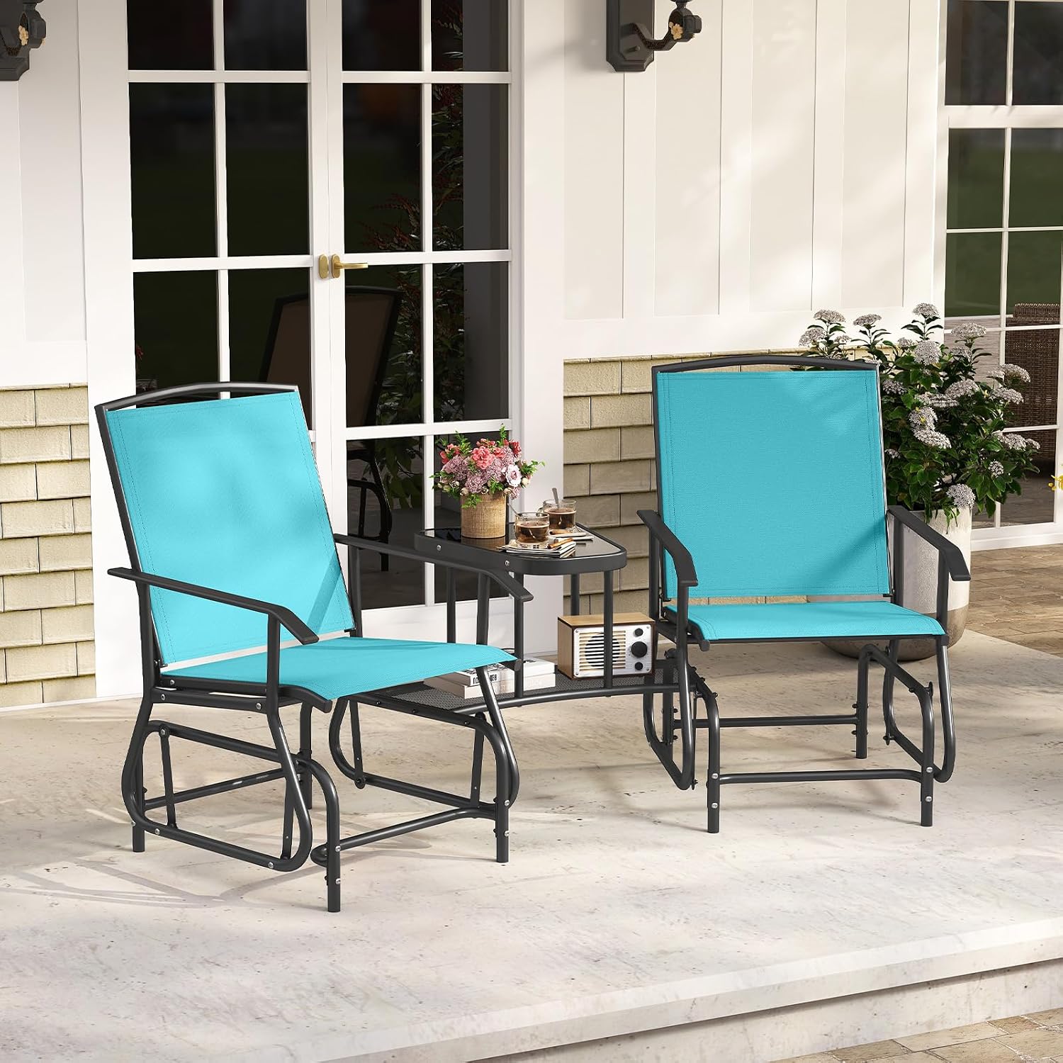 Tangkula 2-Seater Outdoor Glider Bench with 2-Tier Center Table (Turquoise) | Breathable Mesh Fabric Seat & Back, Footrest, Storage Shelf, Heavy-duty Metal Frame for Garden, Porch, Backyard