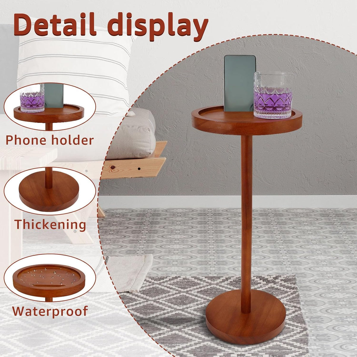 Solid Wood Pedestal Side Table With Weighted Base and Phone Holder for Small Spaces - Drink Table for Living Room, Bedroom, Sofa, Couch, Chair