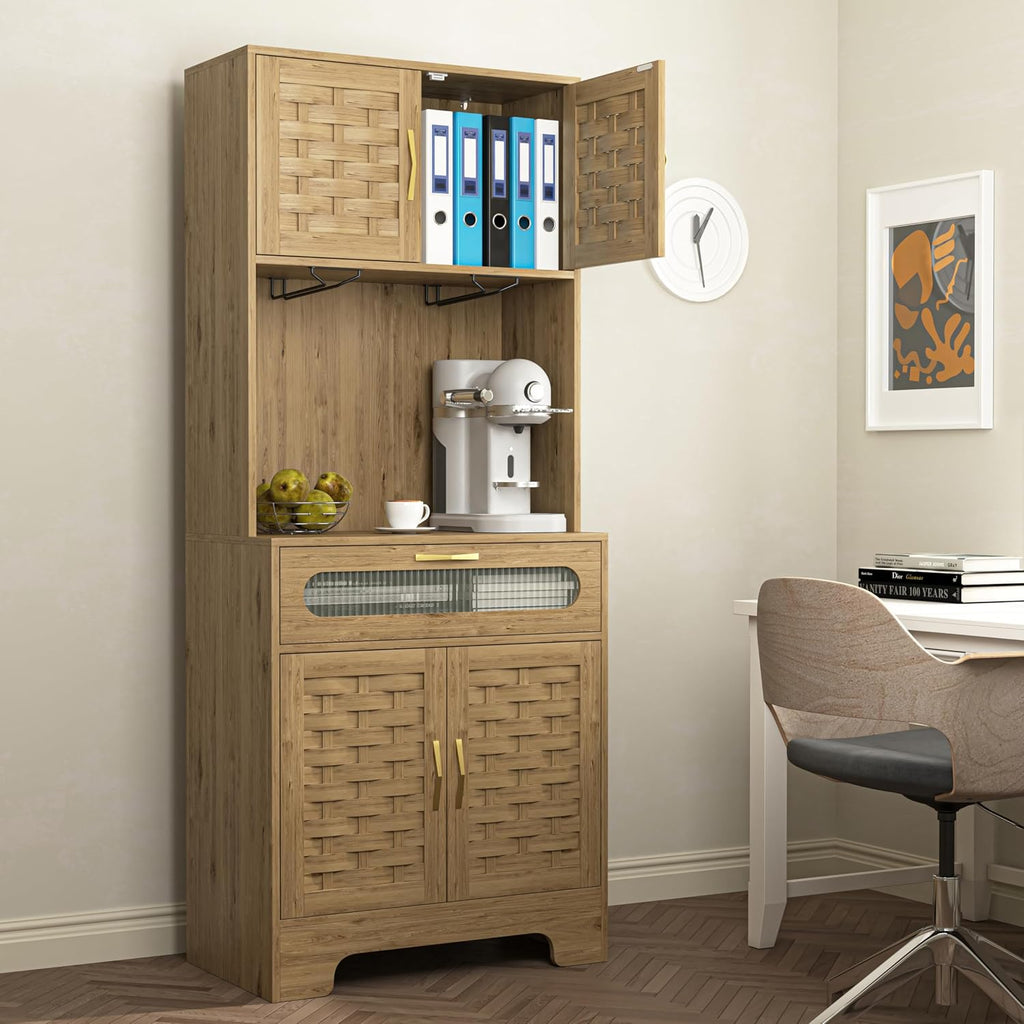 Kitchen Pantry Cabinet, Handmade Woven Wood Rustic Buffet Hutch Cabinet with Storage Drawer & Adjustable Shelf, Farmhouse Tall Cupboard Microwave Stand Coffee Bar for Kitchen, Dining Room, Living Room