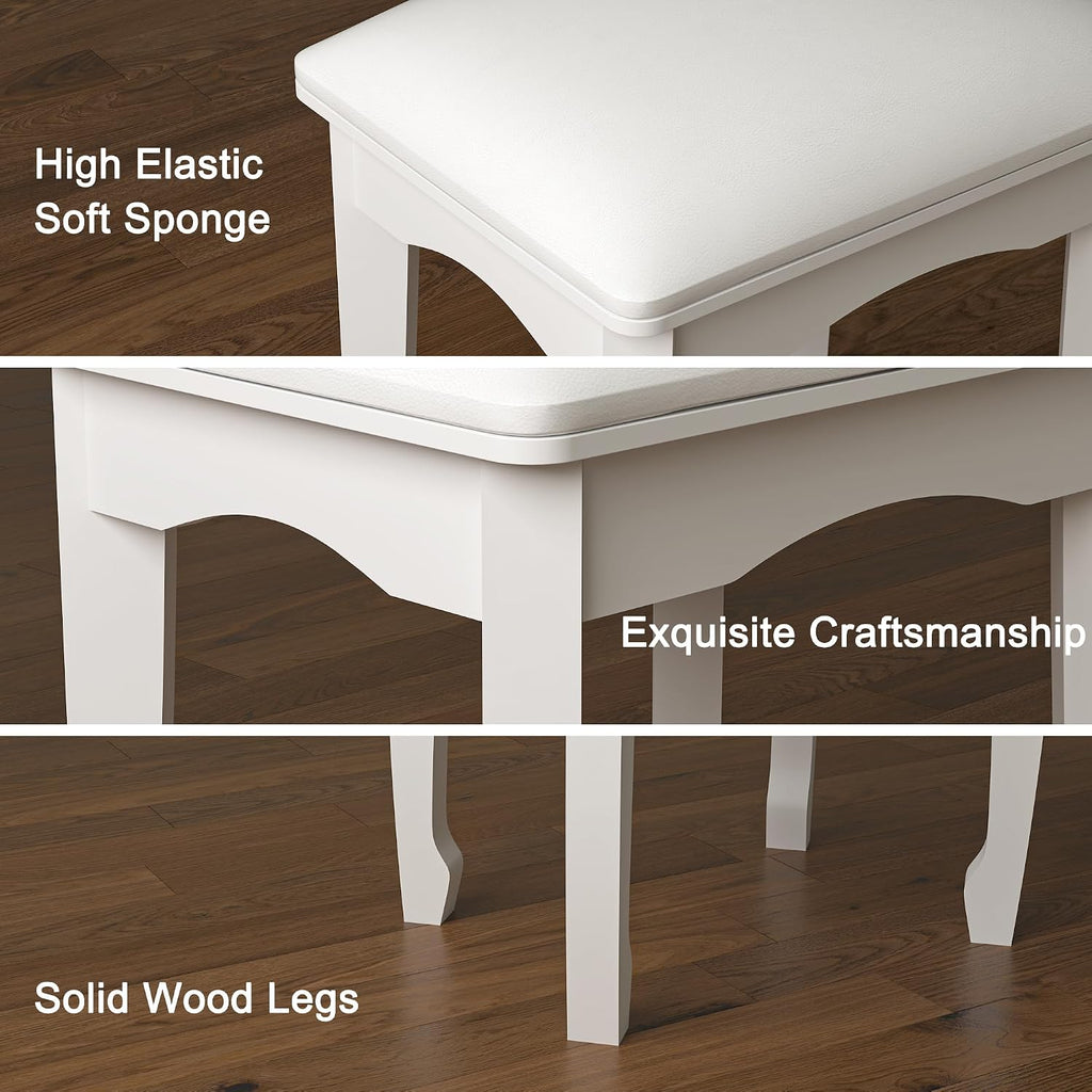 White Vanity Stool Bench, Padded Seat Cushion for Makeup Room | Minimalist Style | Solid Wood Frame | High Elastic Sponge | Waterproof PU Leather | Scratch-proof Feet | Easy 5-min Assembly
