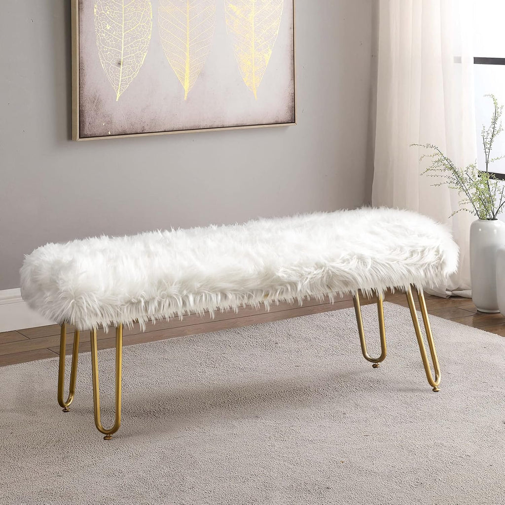 White Faux Fur Ottoman Bench Upholstered Furry Entryway Bedroom Bench with Gold Metal Legs, Modern Contemporary Long Bench Ottoman Hair Foot Rest Stool for Entryway, Living Room, Bedroom