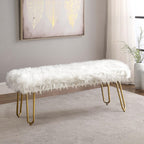 White Faux Fur Ottoman Bench Upholstered Furry Entryway Bedroom Bench with Gold Metal Legs, Modern Contemporary Long Bench Ottoman Hair Foot Rest Stool for Entryway, Living Room, Bedroom