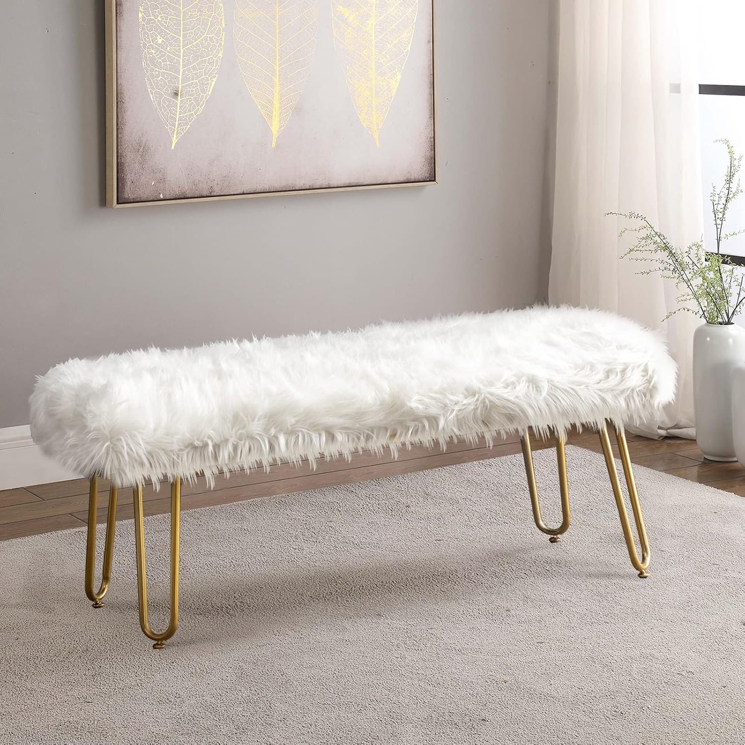 White Faux Fur Ottoman Bench Upholstered Furry Entryway Bedroom Bench with Gold Metal Legs, Modern Contemporary Long Bench Ottoman Hair Foot Rest Stool for Entryway, Living Room, Bedroom