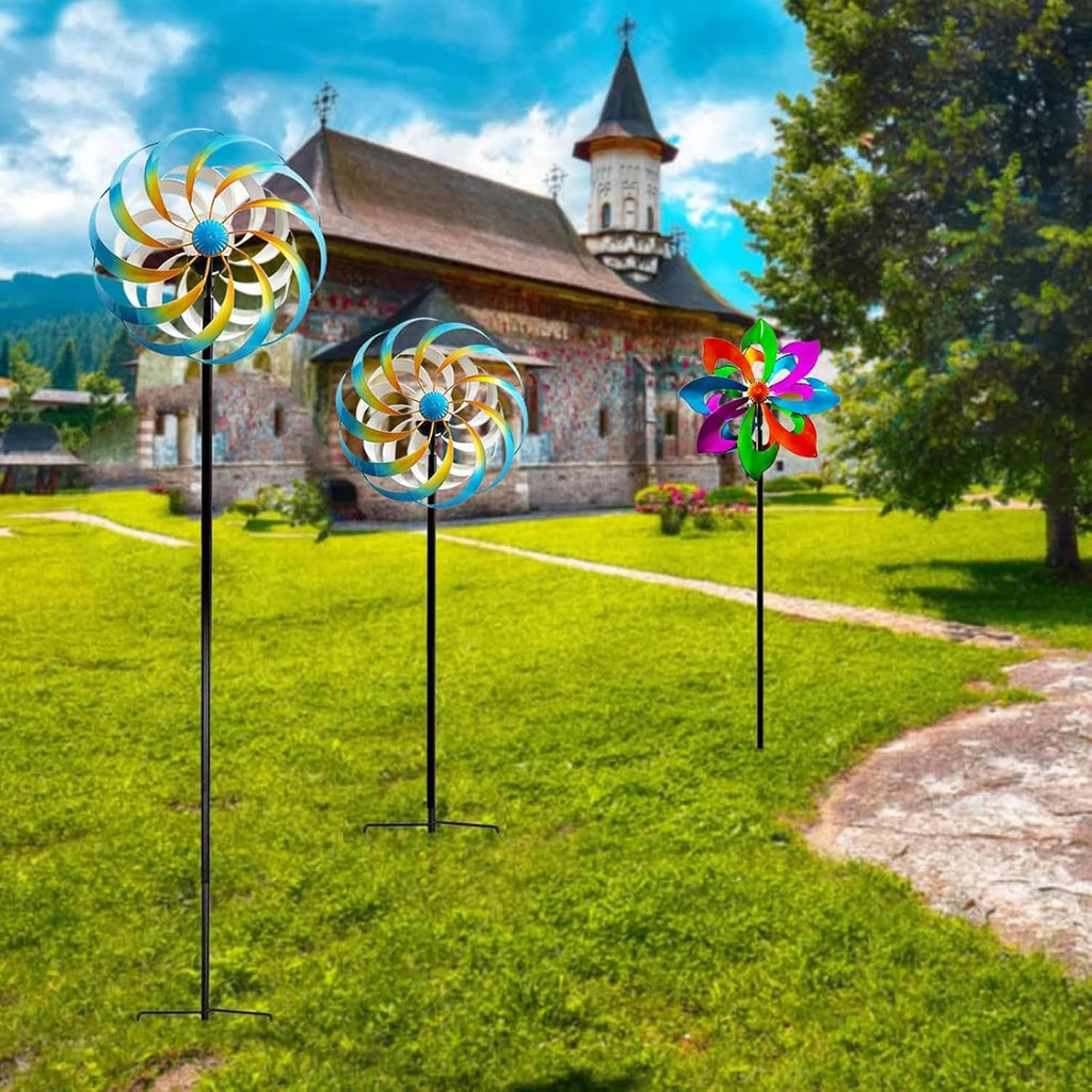 Solar Metal Wind Spinner, Multi-Color Led Lighting Solar Powered Glass Ball Dual Direction for Outdoor Patio Lawn & Garden,Blue(13" W x 75" H)