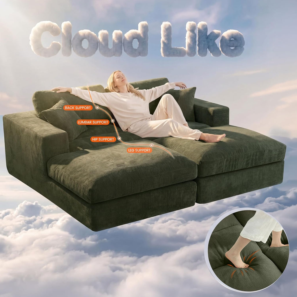 80.7" Oversized Double Chaise Lounge Chair Indoor, Cloud Sleeper Sofa Bed with 4 Pillows, Extra Deep Seat Cozy Loveseat Couch for Living Room Bedroom, No Assembly Required (Green)