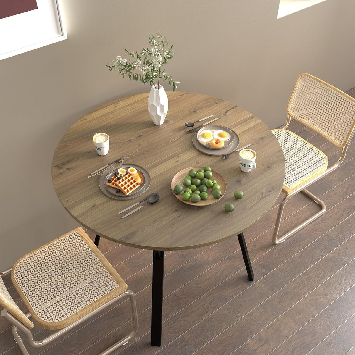 Round Dining Table with Metal Black Legs,35.43 Inch Circle Brown Kitchen Table Modern Dining Room Smal Table for 2-4 People (35.43'')