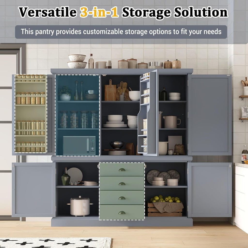 Polibi 73'' Freestanding Wooden Kitchen Pantry Cabinet with Drawers, Adjustable Shelves, and Magnetic Doors, Large Storage Organizer for Dining Room, Kitchen, or Utility Room, Gray