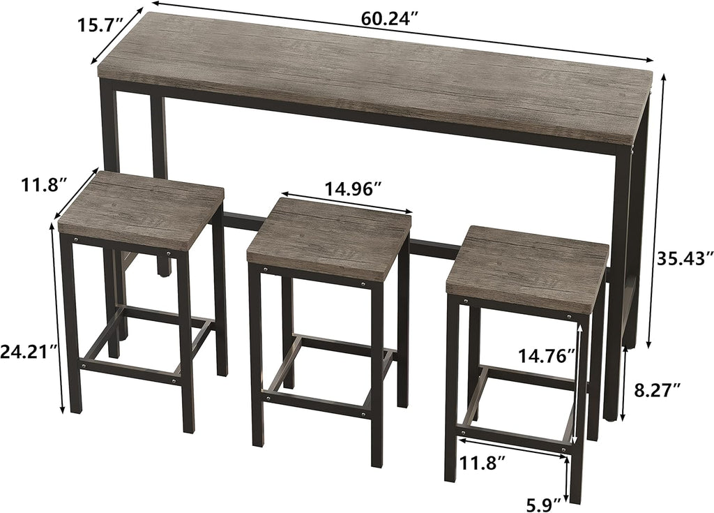 Merax Modern Design 4-Piece Counter Height Extra Long Dining Table Set with 3 Stools and Side Table with Footrest,Space-Saving Pub Kitchen Set,Easy Assembly,Brown Gray