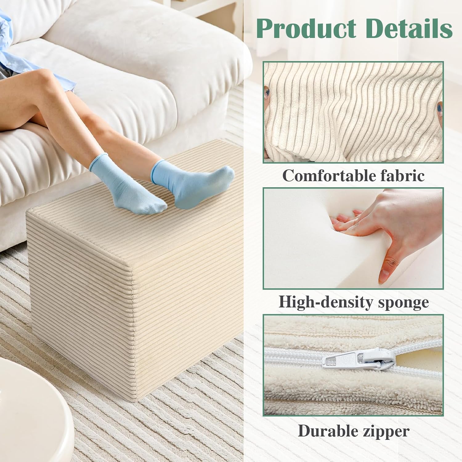 Rectangular Pouf Ottoman Soft Furry Corduroy Foot Rest for Chair | Stuffed Floor Pouf, Multi-use Ottoman for Living Room, Bedroom. Foot Rest Stool as Footrest, Extra Seat, or Side Table