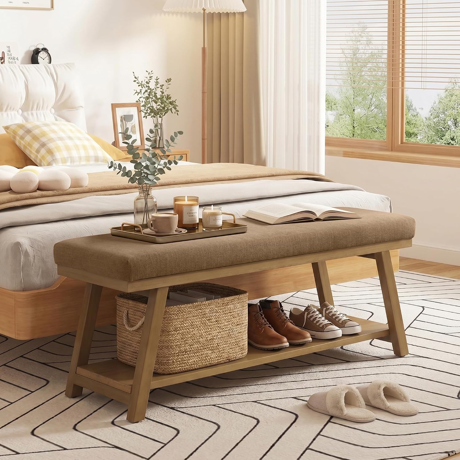 Zihanhome 45" Entryway Bench Upholstered Storage Bench for Bedroom(Brown) | Shoe Rack Bench for Living Room, Hallway, Mudroom, Balcony, Sturdy Indoor Bench Seat Holds Up to 300 lbs