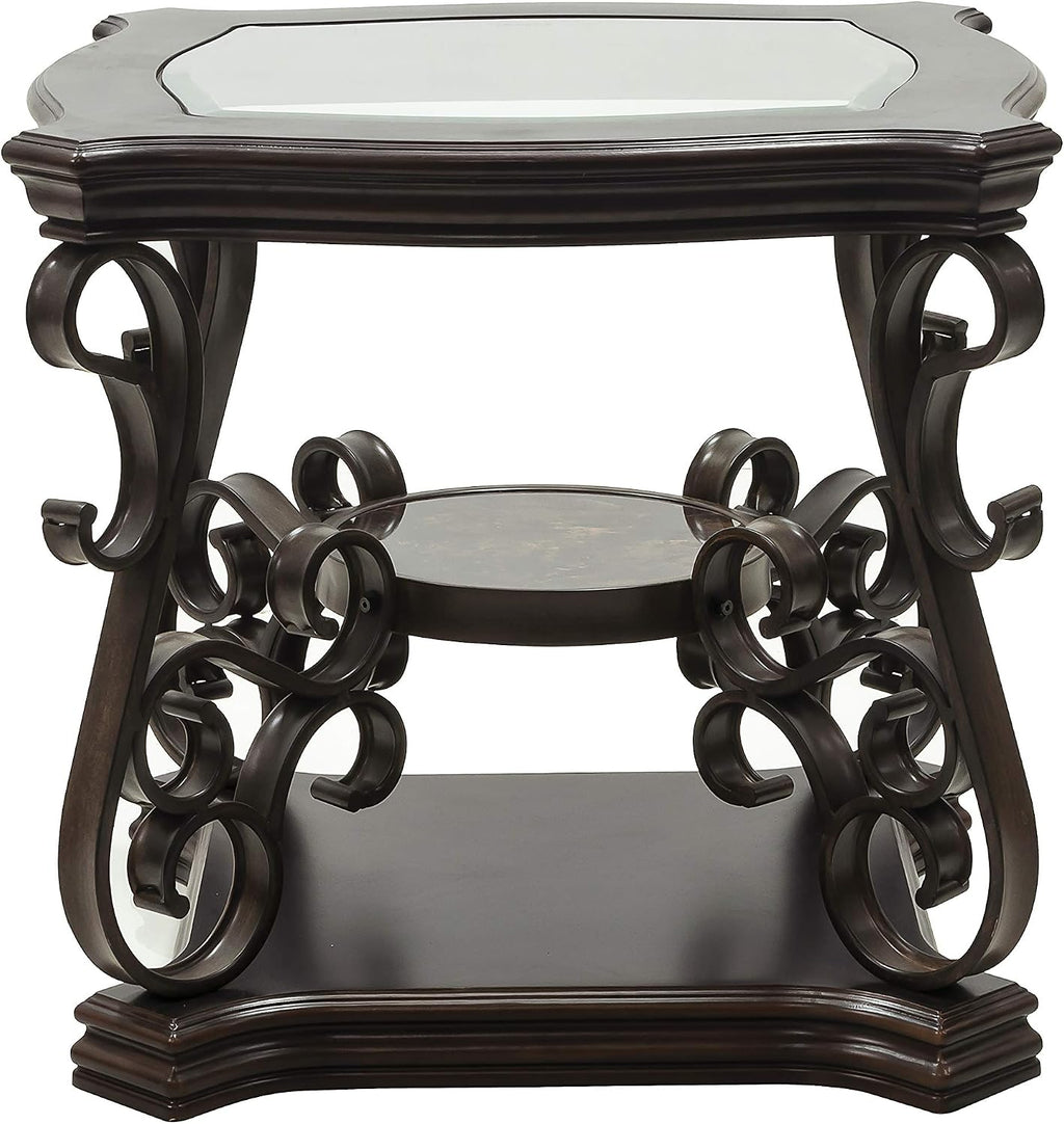 End Table with Glass Table Top, Cocktail Table with MDF and Marble Paper Middle Shelf, Sofa Table with Metal Legs for Living Room (Brown, 26.3" L*26.3" W*24" H)