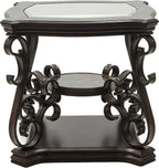 End Table with Glass Table Top, Cocktail Table with MDF and Marble Paper Middle Shelf, Sofa Table with Metal Legs for Living Room (Brown, 26.3" L*26.3" W*24" H)