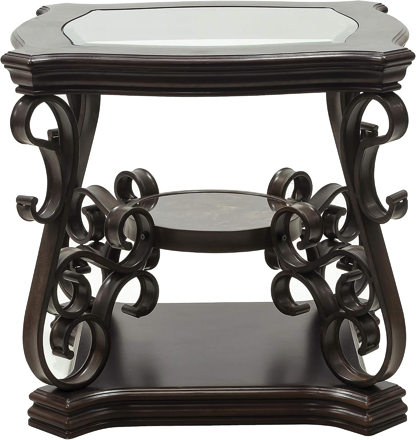 End Table with Glass Table Top, Cocktail Table with MDF and Marble Paper Middle Shelf, Sofa Table with Metal Legs for Living Room (Brown, 26.3" L*26.3" W*24" H)